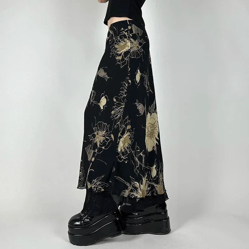 Floral Grunge Black Mesh Maxi Skirt — dettaglio