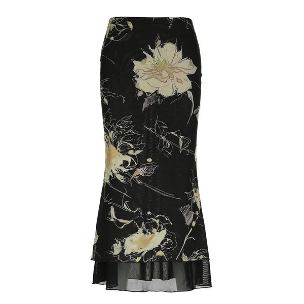 Floral Grunge Black Mesh Maxi Skirt — vista frontale