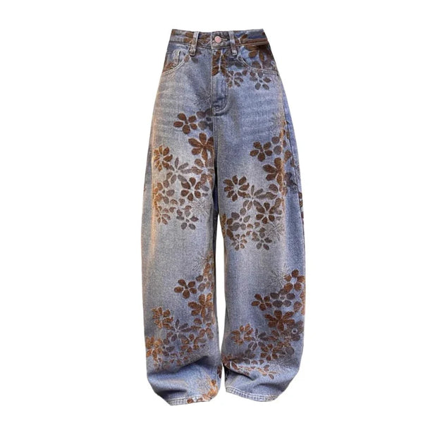 Floral Jacquard Denim Barrel Jeans — vista frontale