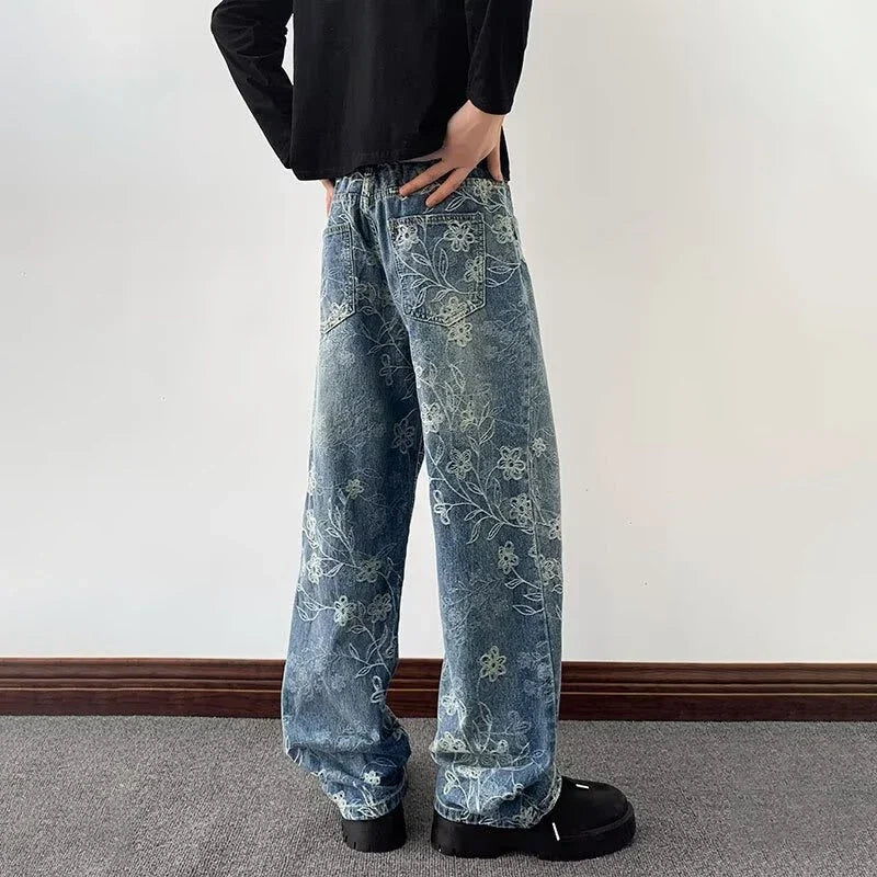 Floral Jacquard Embroidered Straight Leg Jeans — dettaglio