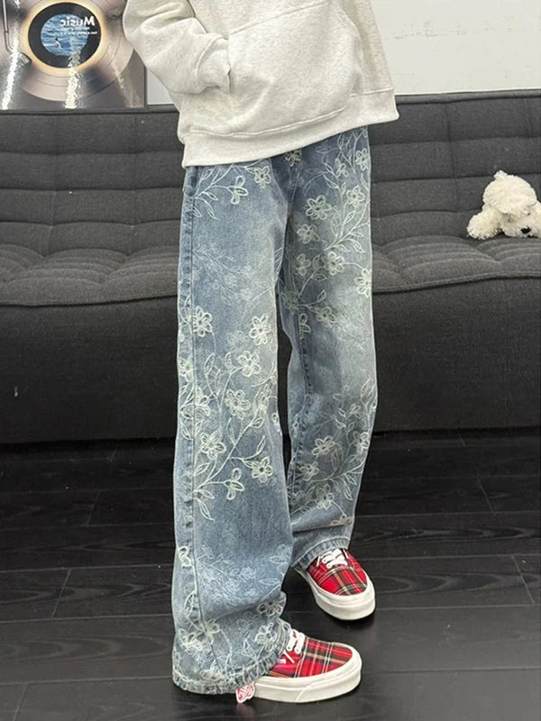 Floral Jacquard Embroidered Straight Leg Jeans — vista frontale
