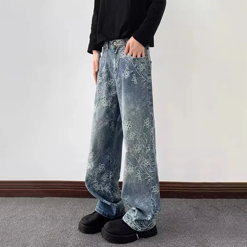 Floral Jacquard Embroidered Straight Leg Jeans — vista posteriore