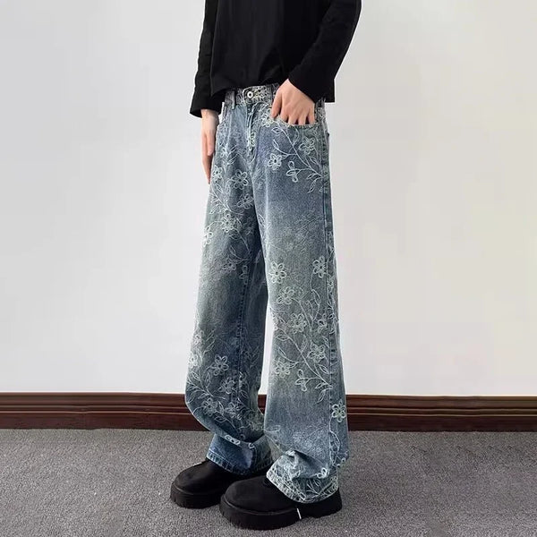 Y2K Floral Jacquard Embroidered Straight Leg Jeans