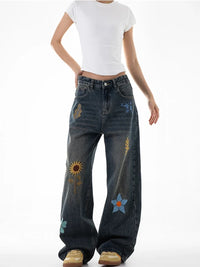 "Flowers in the Meadow" Floral Embroidered Baggy Jeans — vista posteriore