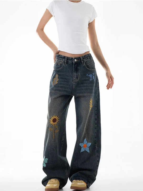 Y2K "Flowers in the Meadow" Floral Embroidered Baggy Jeans