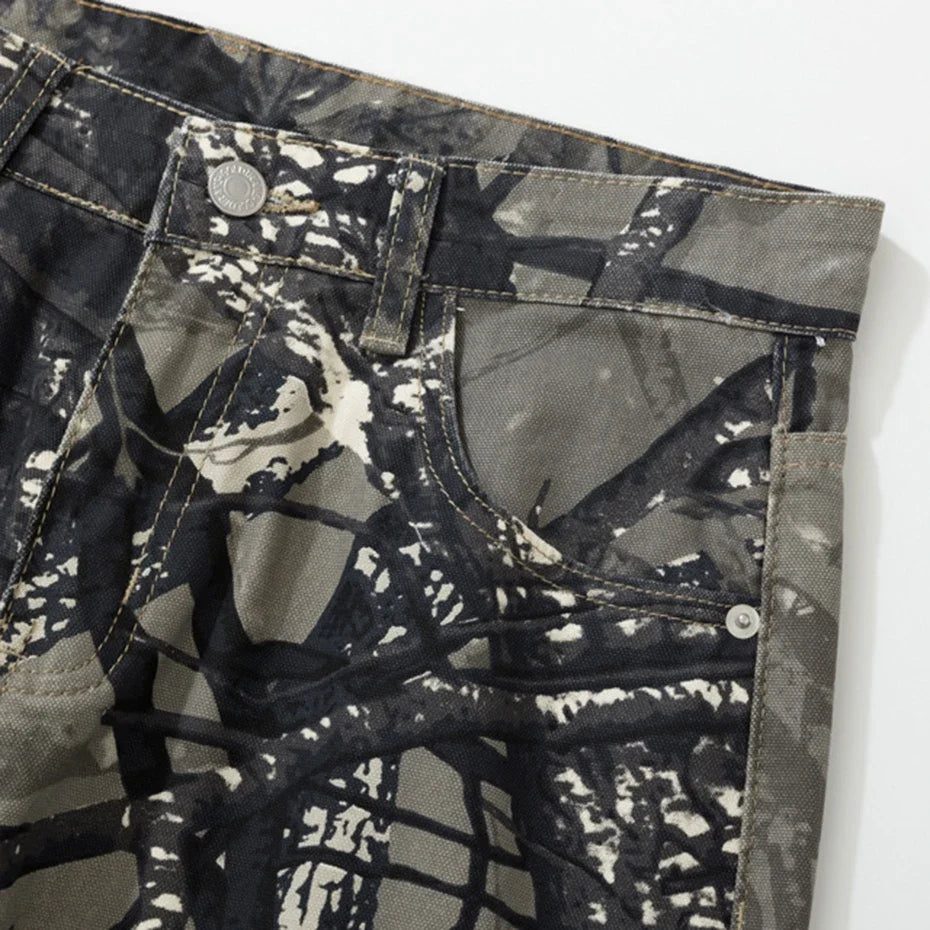 Forest Camo Baggy Jeans — dettaglio del tessuto