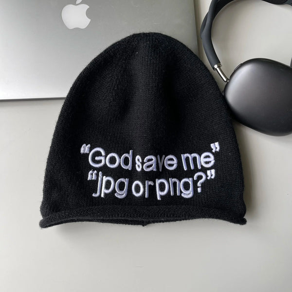 "God Save Me" Embroidered Text Graphic Beanie — vista frontale