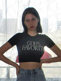 God's Favorite Rhinestones Graphic Crop Top — dettaglio