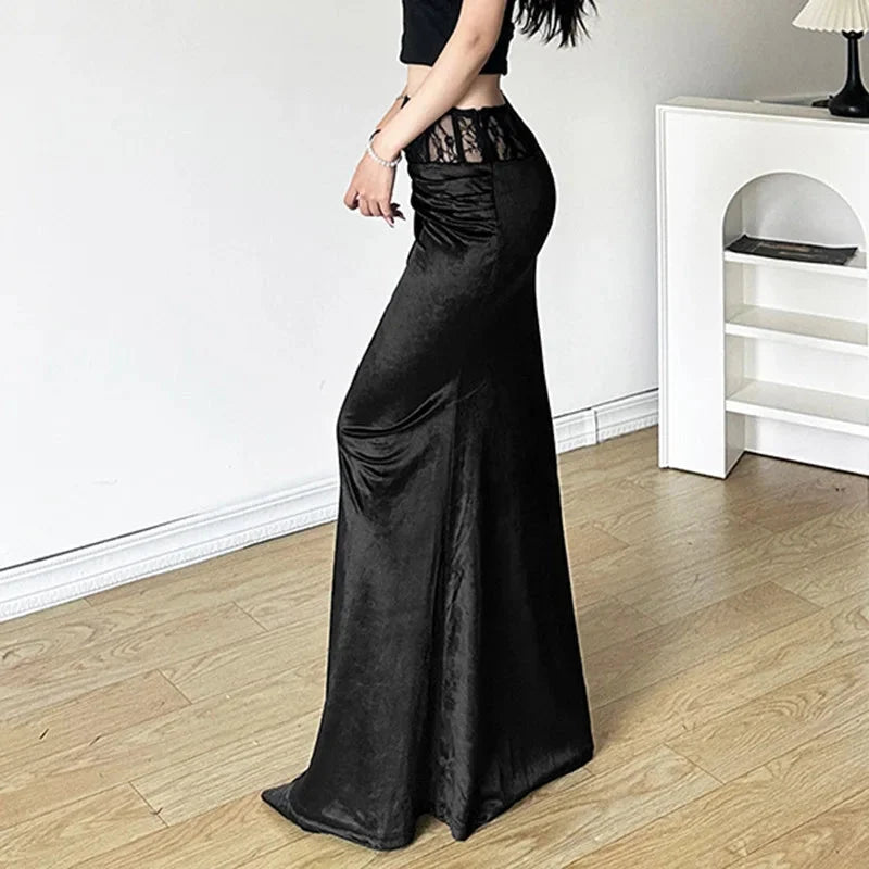 Gothic Black Trumpet Long Maxi Skirt — dettaglio del tessuto