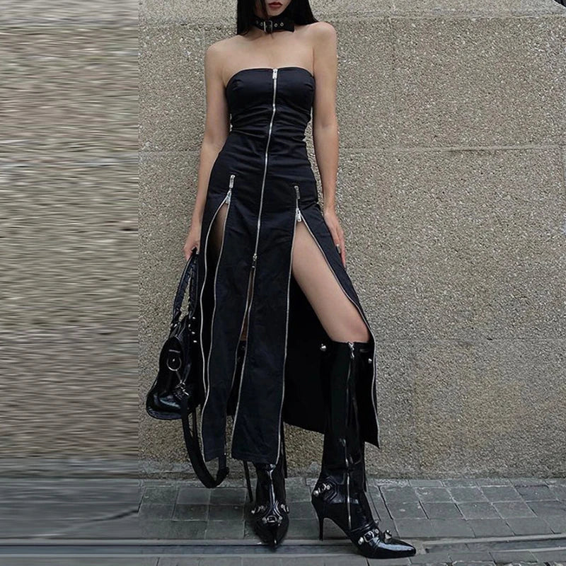 Gothic Techwear Zip Up Midi Dress — vista frontale