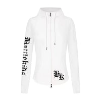 Gothic Text Graphic Womens Zip Up Piping Hoodie — vista laterale