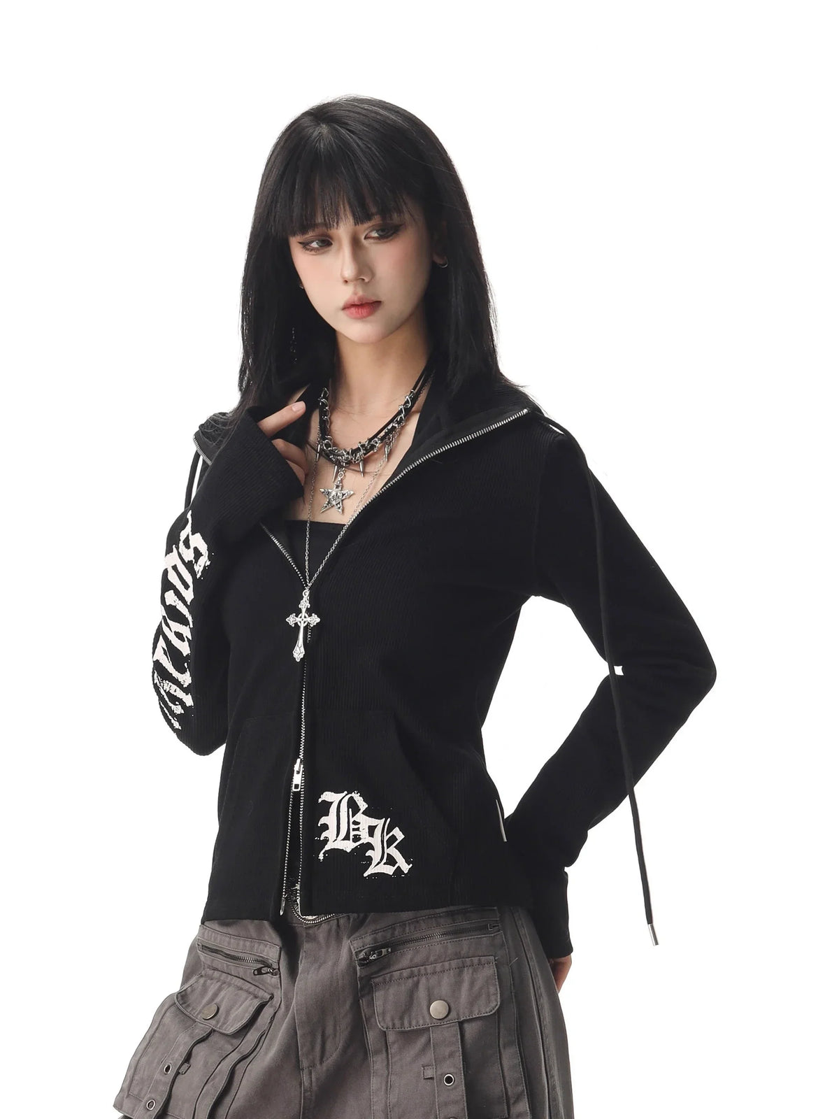 Gothic Text Graphic Womens Zip Up Piping Hoodie — vista frontale