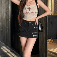 Gothic Zipper Studs Black Denim Mini Skirt — vista posteriore