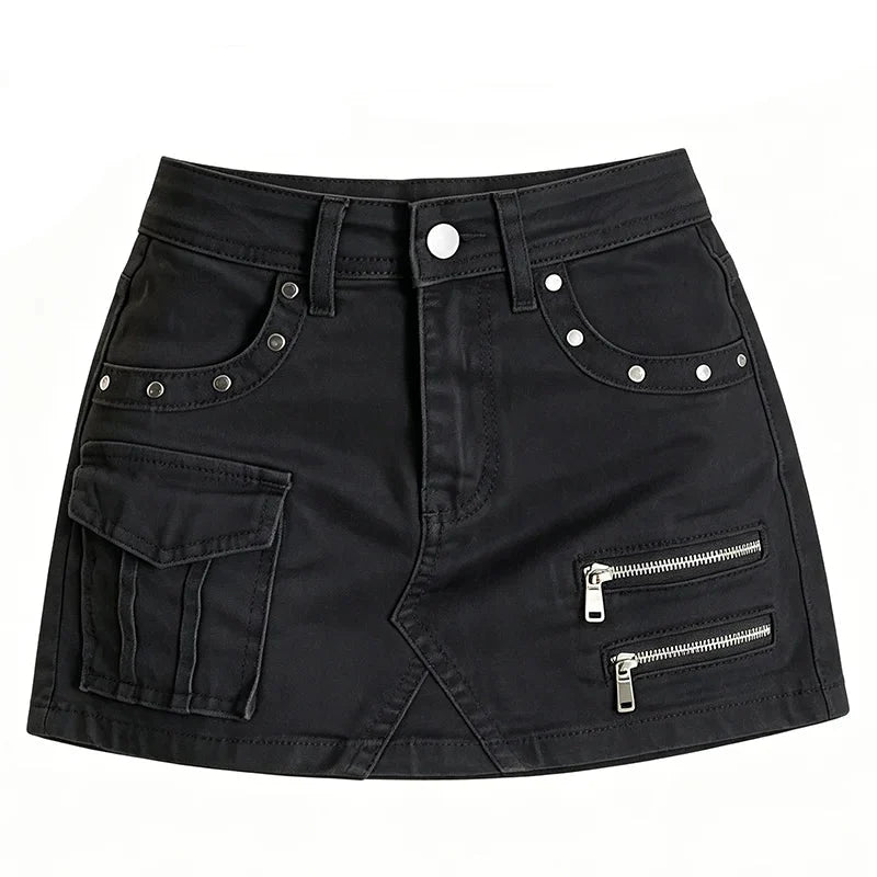 Gothic Zipper Studs Black Denim Mini Skirt — vista frontale