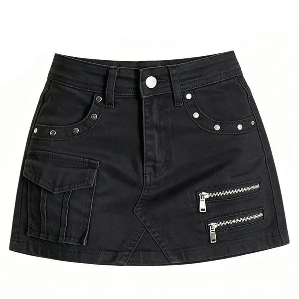 Gothic Zipper Studs Black Denim Mini Skirt — vista frontale