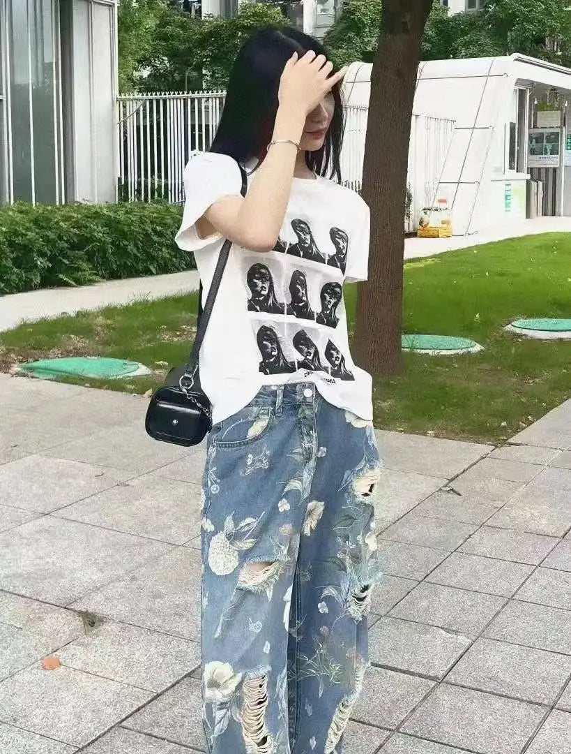 Graphic Floral Print Distressed Baggy Jeans — vista posteriore
