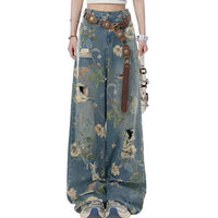 Graphic Floral Print Distressed Baggy Jeans — vista frontale
