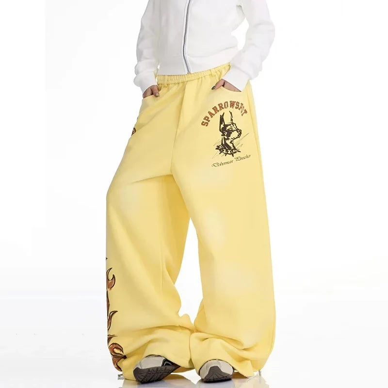 Graphic Wide Leg Yellow Sweatpants Joggers Trousers — dettaglio