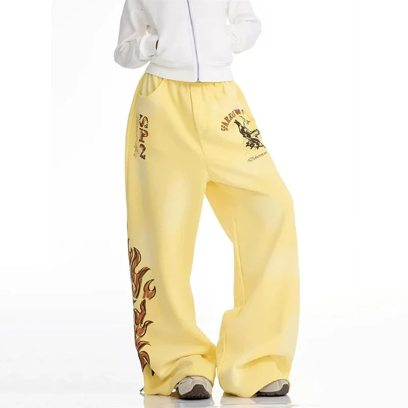 Graphic Wide Leg Yellow Sweatpants Joggers Trousers — vista laterale