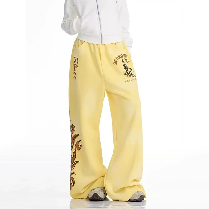 Graphic Wide Leg Yellow Sweatpants Joggers Trousers — dettaglio del tessuto