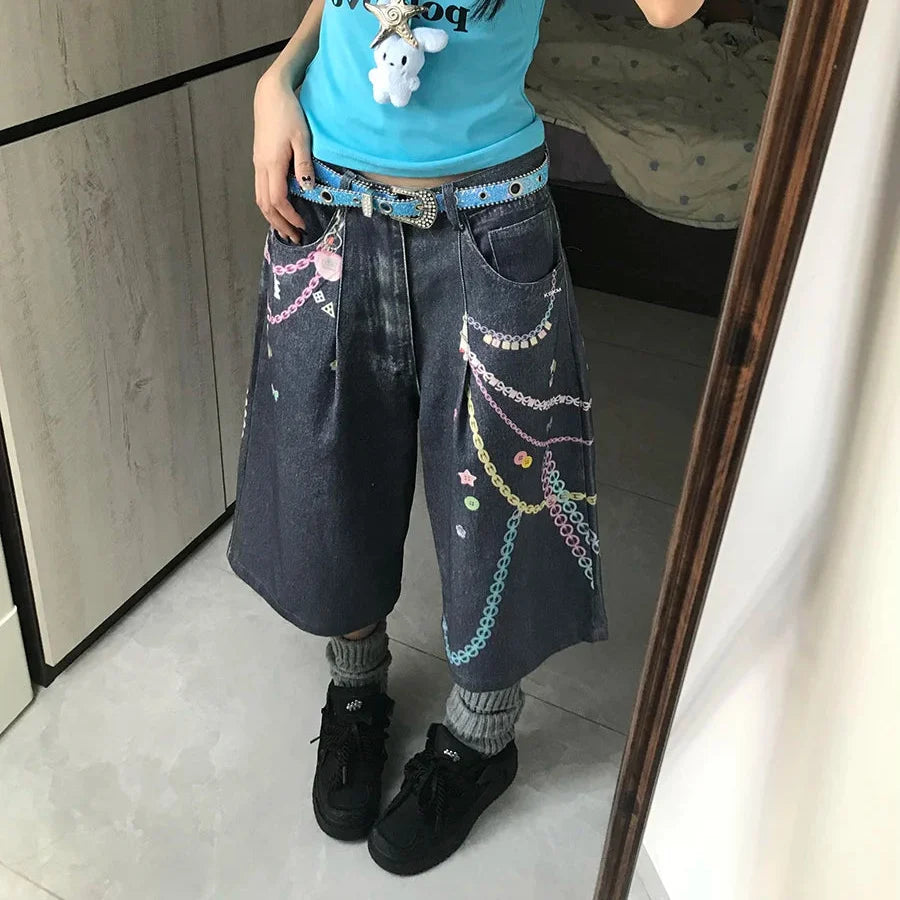 Graphic Womens Wide Leg Denim Shorts Jorts — dettaglio