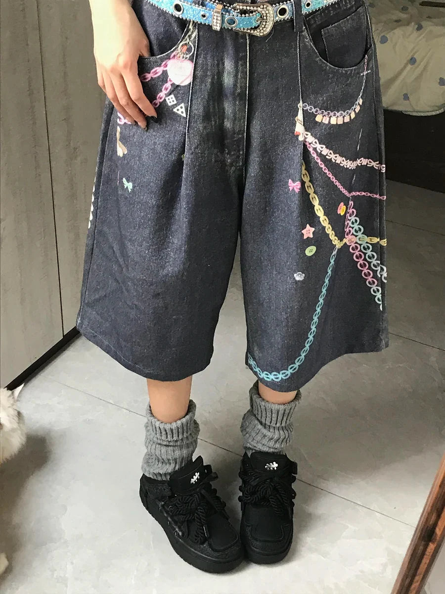Graphic Womens Wide Leg Denim Shorts Jorts — dettaglio della stampa