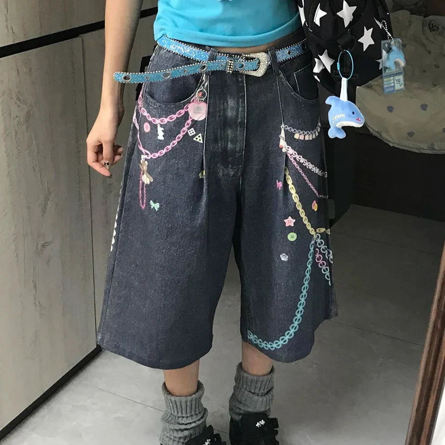 Graphic Womens Wide Leg Denim Shorts Jorts — vista posteriore