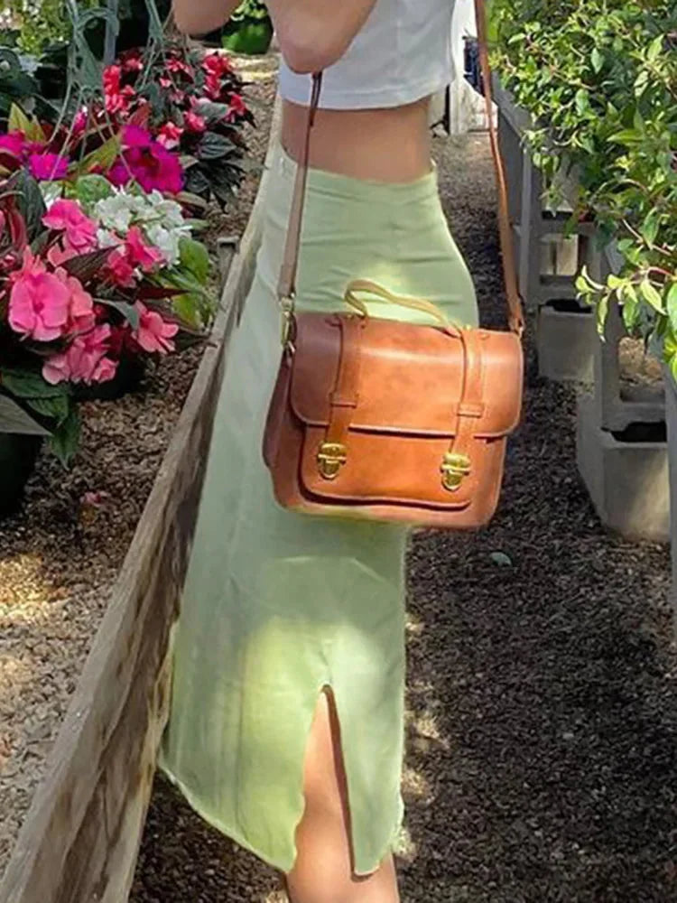 Green Flowy Low Waist Slit Midi Skirt — in alternativa