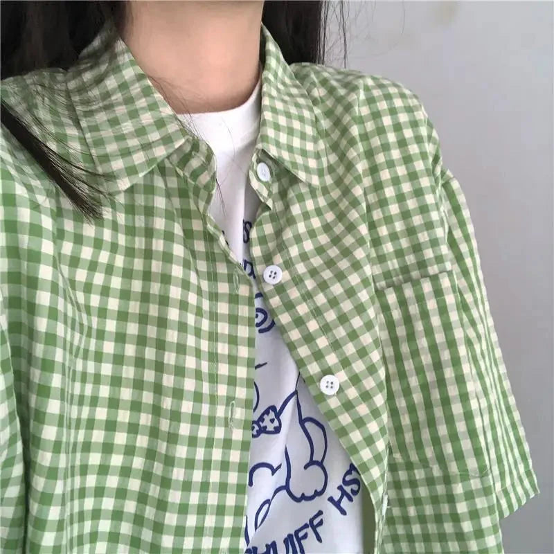 Green Plaid Oversized Short Sleeve Button Up Shirt — dettaglio