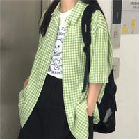 Green Plaid Oversized Short Sleeve Button Up Shirt — vista laterale