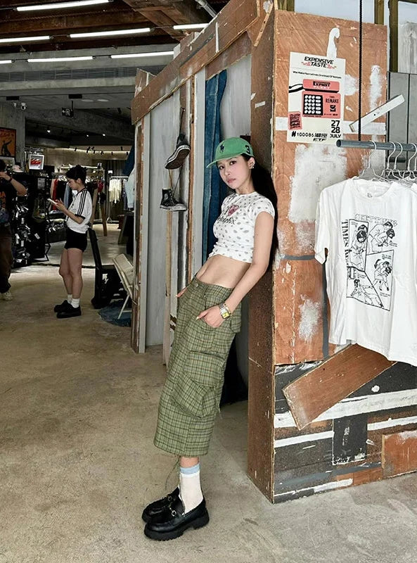 Green Plaid Print High Waist Cargo Denim Shorts Jorts — dettaglio