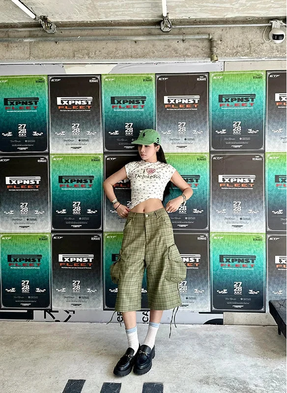 Green Plaid Print High Waist Cargo Denim Shorts Jorts — in alternativa