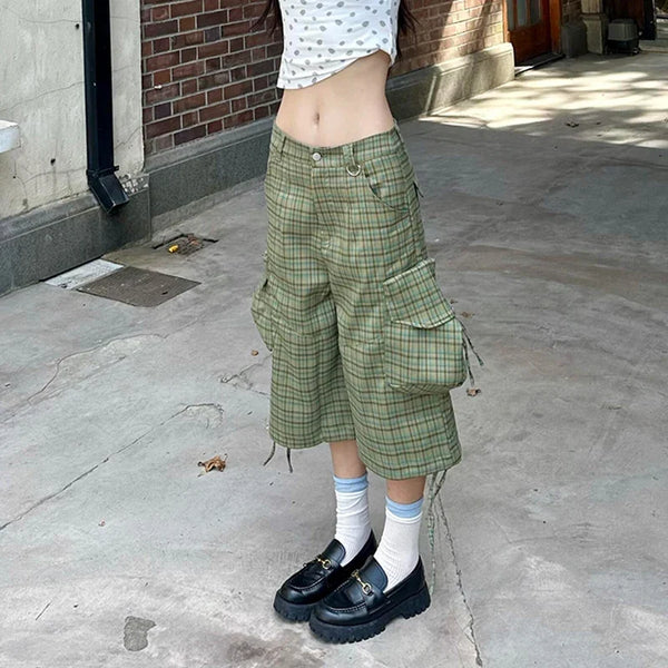 Green Plaid Print High Waist Cargo Denim Shorts Jorts — vista frontale