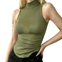Green Turtleneck Rhinestone Cross Sleeveless Top — dettaglio della stampa