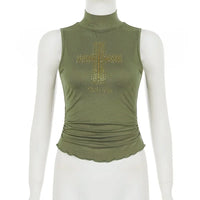 Green Turtleneck Rhinestone Cross Sleeveless Top — vista laterale