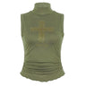 Y2K Green Turtleneck Rhinestone Cross Sleeveless Top