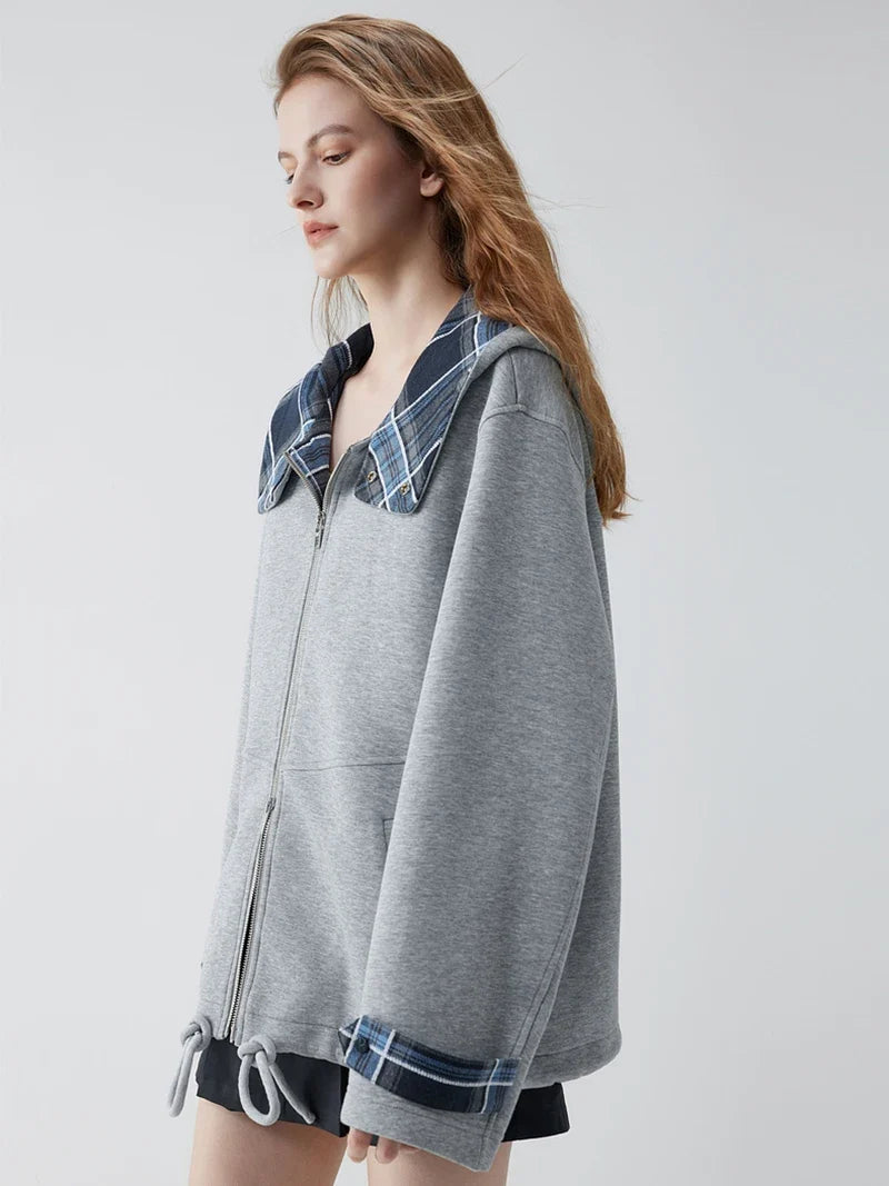Grey Zip Up Plaid Accent Hoodie — vista laterale