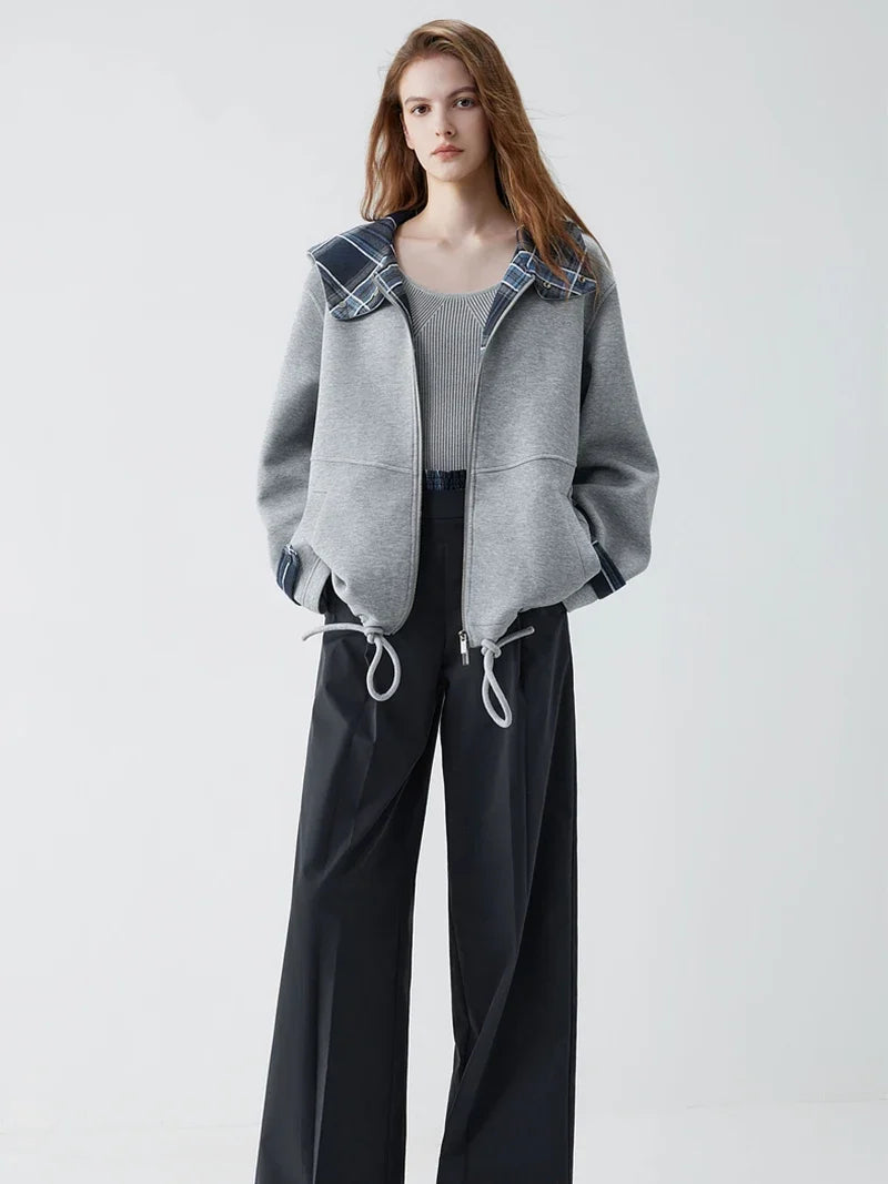 Grey Zip Up Plaid Accent Hoodie — dettaglio