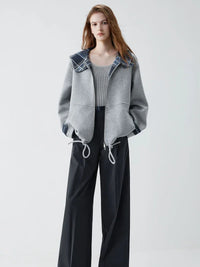 Grey Zip Up Plaid Accent Hoodie — dettaglio