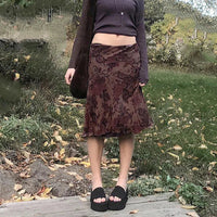 Grunge Brown Mesh Low Waist Midi Skirts — dettaglio
