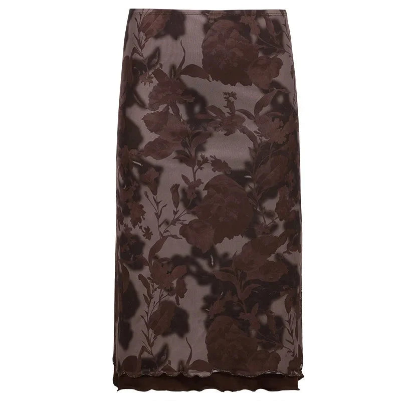Grunge Brown Mesh Low Waist Midi Skirts — vista frontale