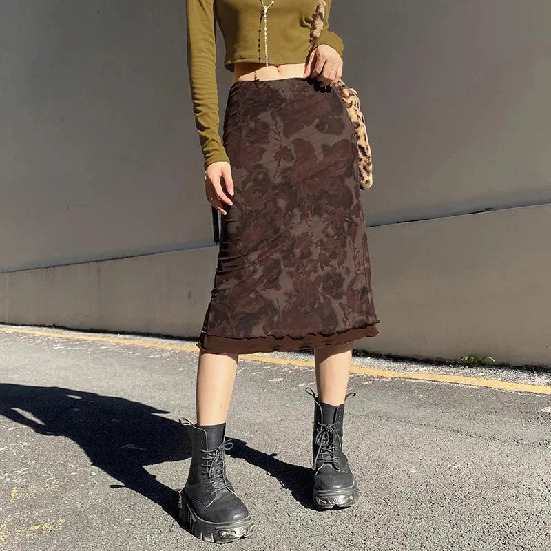 Grunge Brown Mesh Low Waist Midi Skirts — vista posteriore
