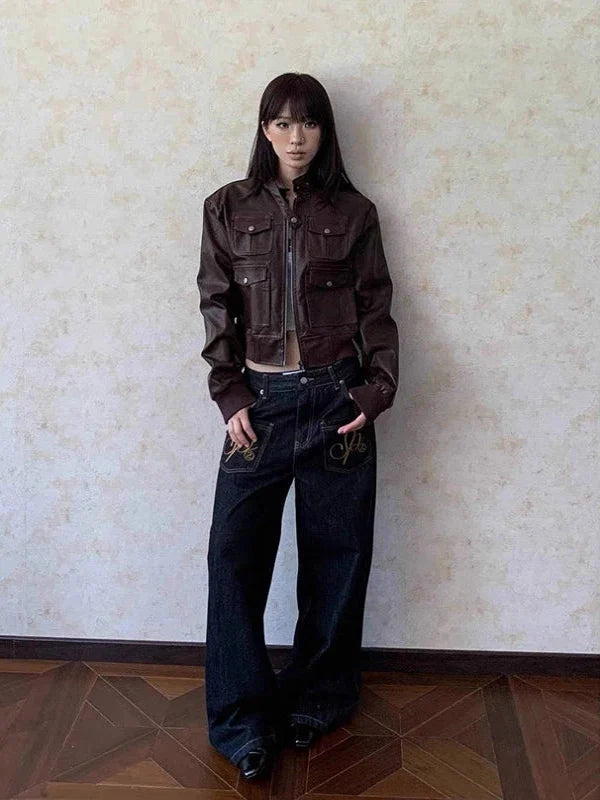 Grunge Wings Embroidered Graphic Baggy Low Rise Jeans — dettaglio