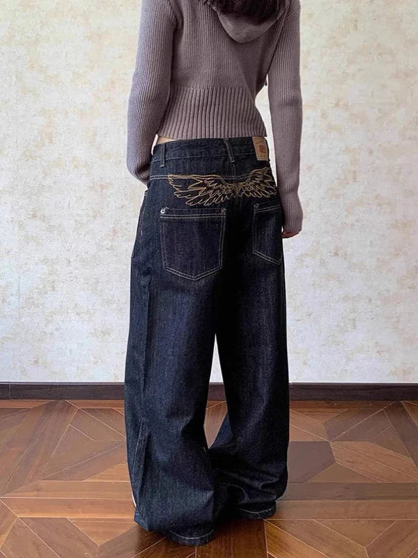 Grunge Wings Embroidered Graphic Baggy Low Rise Jeans — in alternativa