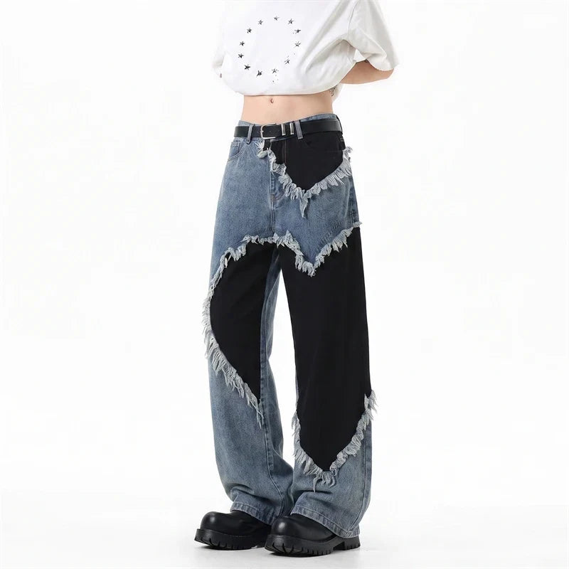 Heart Patchwork Washed Raw Edge Wide Leg Denim Jeans — vista posteriore