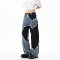Heart Patchwork Washed Raw Edge Wide Leg Denim Jeans — vista posteriore