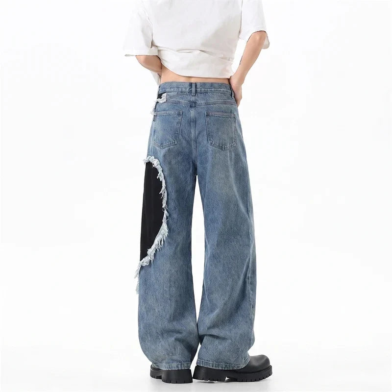 Heart Patchwork Washed Raw Edge Wide Leg Denim Jeans — in alternativa