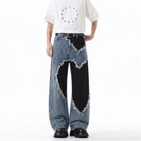 Heart Patchwork Washed Raw Edge Wide Leg Denim Jeans — vista frontale