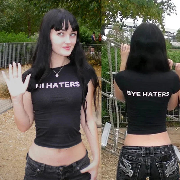 Hi Haters Bye Haters Graphic Crop Top — vista frontale