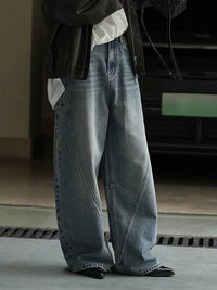 High Waist Blue Denim Irregular Spliced Barrel Jeans — dettaglio della stampa